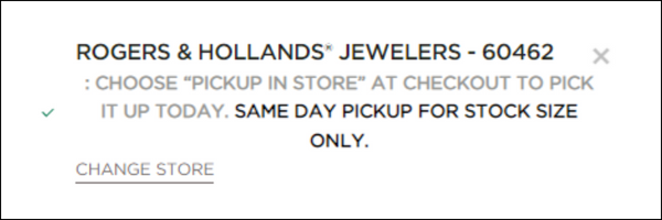 Web notification for in-store pickup option at Rogers & Hollands Jewelers.